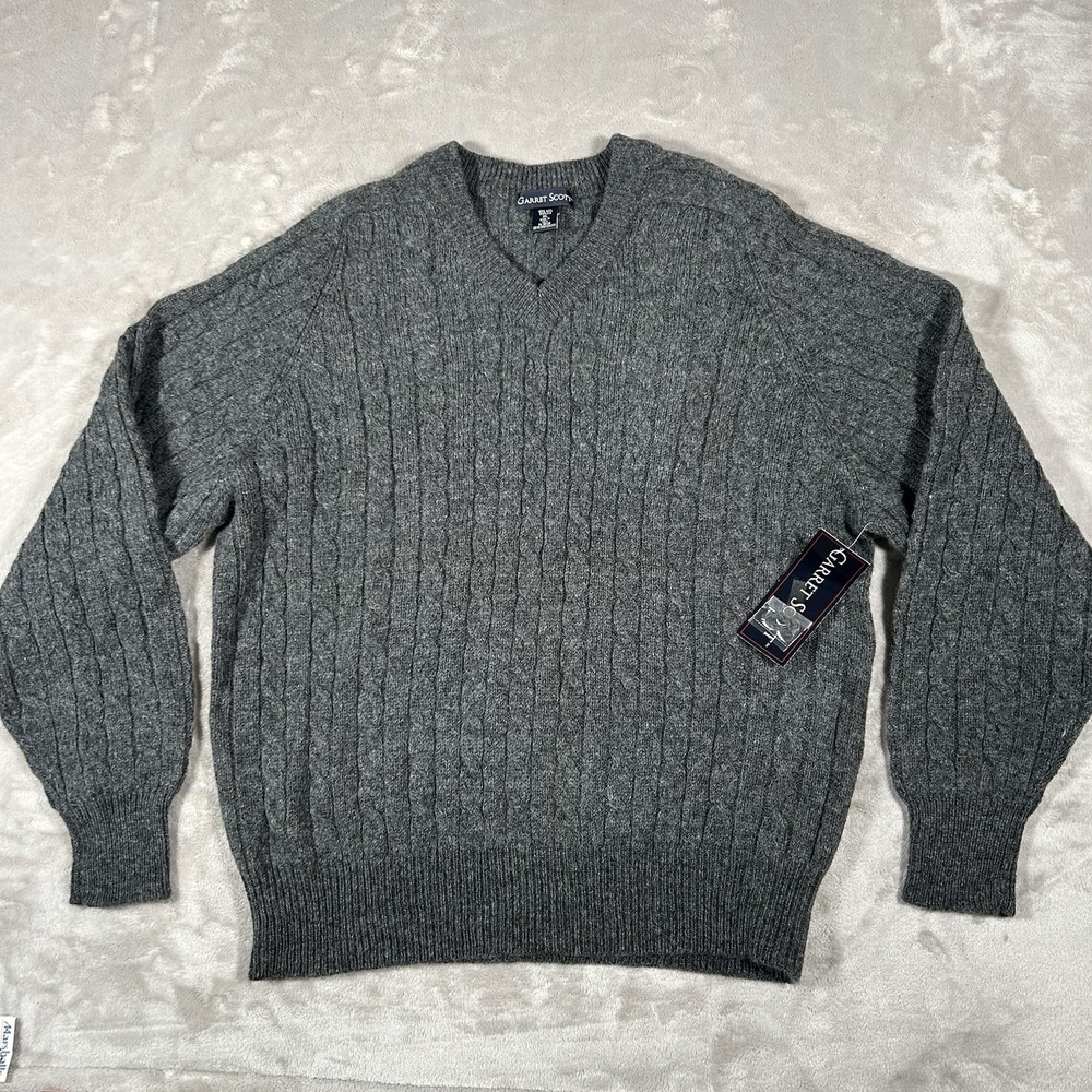 New Garret Scott Sweater Mens XL Gray 100% Shetland Wool Cable Knit VTG 90's NWT